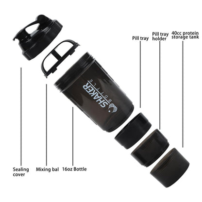 XTKS Shaker-Flasche - Protein-Shaker-Becher mit Aufbewahrungsfächern - Auslaufsicherer Workout-Shaker mit Mixer für gleichmäßiges Mischen - 500 ml / 16 oz (Reines Schwarz)
