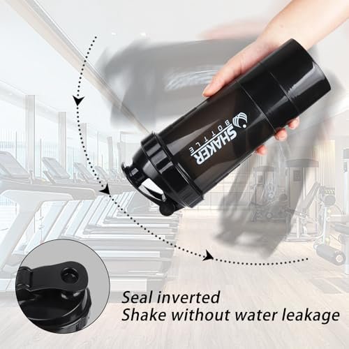 XTKS Shaker-Flasche - Protein-Shaker-Becher mit Aufbewahrungsfächern - Auslaufsicherer Workout-Shaker mit Mixer für gleichmäßiges Mischen - 500 ml / 16 oz (Reines Schwarz)