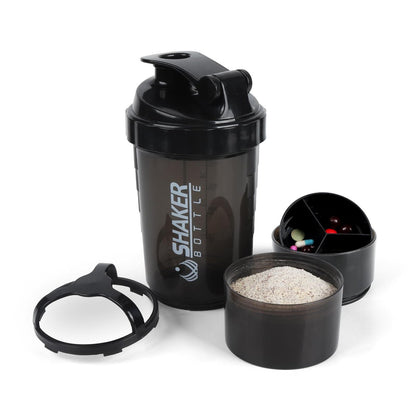 XTKS Shaker-Flasche - Protein-Shaker-Becher mit Aufbewahrungsfächern - Auslaufsicherer Workout-Shaker mit Mixer für gleichmäßiges Mischen - 500 ml / 16 oz (Reines Schwarz)