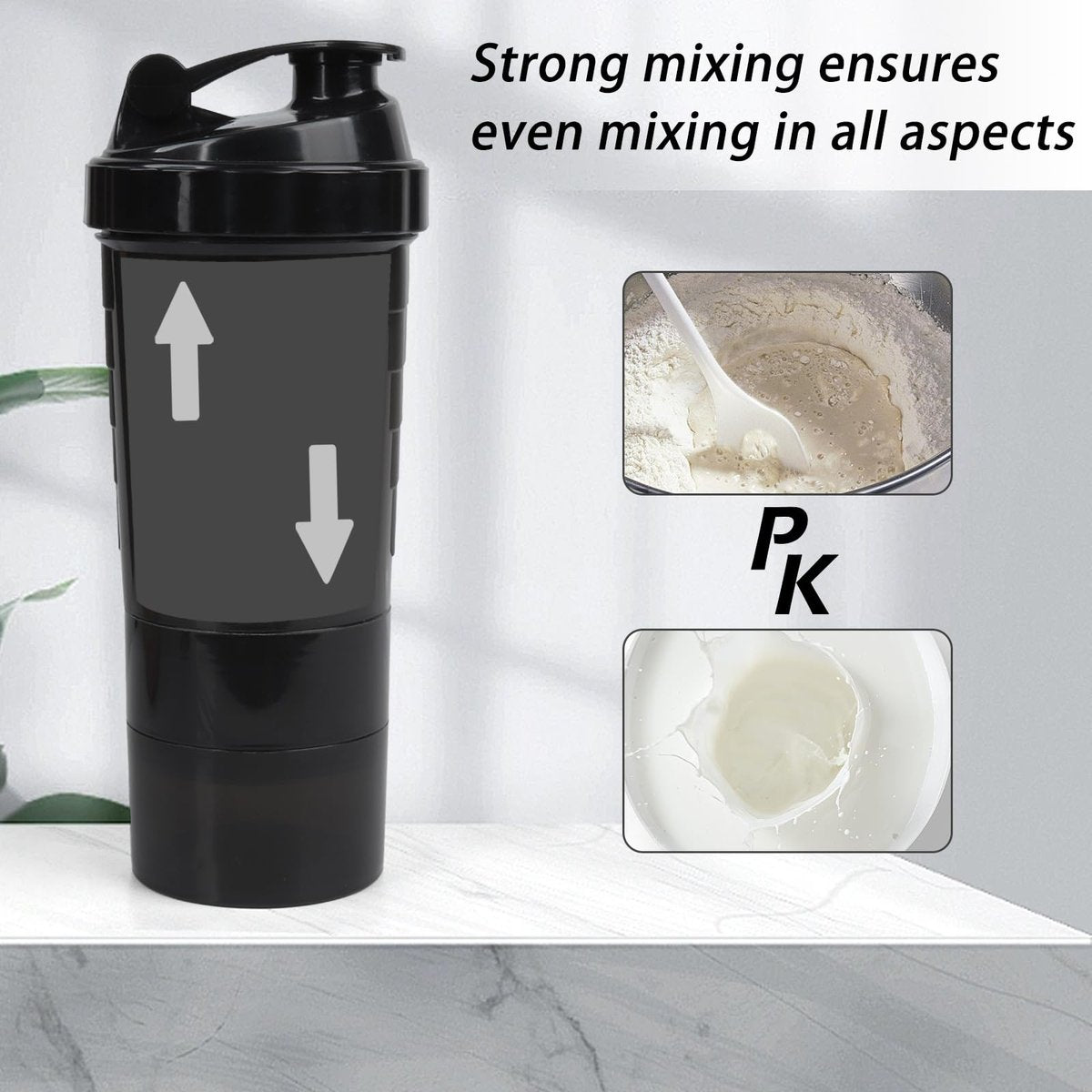 XTKS Shaker-Flasche - Protein-Shaker-Becher mit Aufbewahrungsfächern - Auslaufsicherer Workout-Shaker mit Mixer für gleichmäßiges Mischen - 500 ml / 16 oz (Reines Schwarz)
