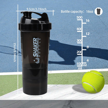 XTKS Shaker-Flasche - Protein-Shaker-Becher mit Aufbewahrungsfächern - Auslaufsicherer Workout-Shaker mit Mixer für gleichmäßiges Mischen - 500 ml / 16 oz (Reines Schwarz)