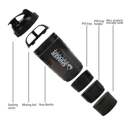 XTKS Shaker-Flasche - Protein-Shaker-Becher mit Aufbewahrungsfächern - Auslaufsicherer Workout-Shaker mit Mixer für gleichmäßiges Mischen - 500 ml / 16 oz (Reines Schwarz)