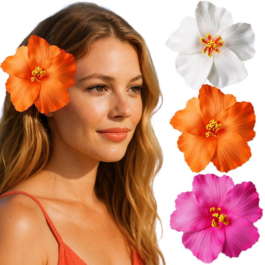 3er-Pack Tropische Blumen-Haarklammern – 3,5" Hibiskus- und Plumeria-Haarklammern für Damen – Strand-, Luau- und Hochzeitsaccessoires