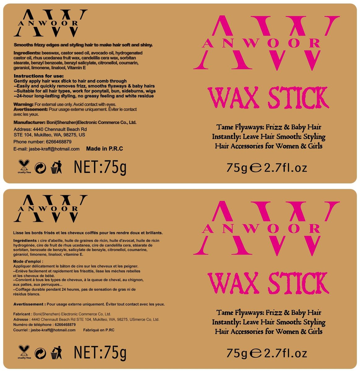 AnWoor 4er Set Edge Brush Slick Back Haarbürste, Haarpflege-Wachsstift für fliegende Haare, Rattenschwanzkämme zum Flechten, Teasing-Bürste für flauschiges Haar