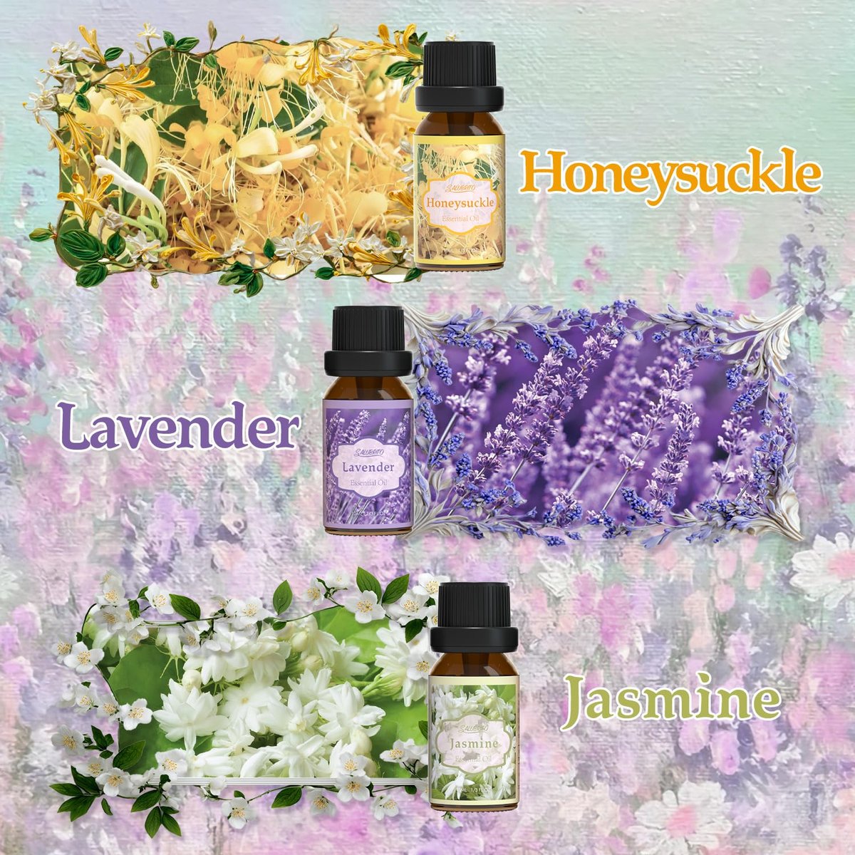 SALUBRITO Blumendüfte Set – 6x10ml Aromatherapie Öle für Diffuser & Kerzenherstellung: Jasmin, Lavendel, Rose, Gardenie, Kirschblüte, Geißblatt