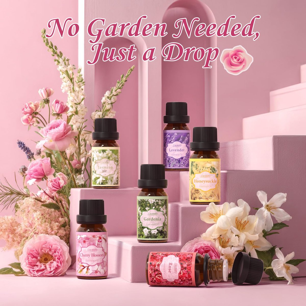 SALUBRITO Blumendüfte Set – 6x10ml Aromatherapie Öle für Diffuser & Kerzenherstellung: Jasmin, Lavendel, Rose, Gardenie, Kirschblüte, Geißblatt
