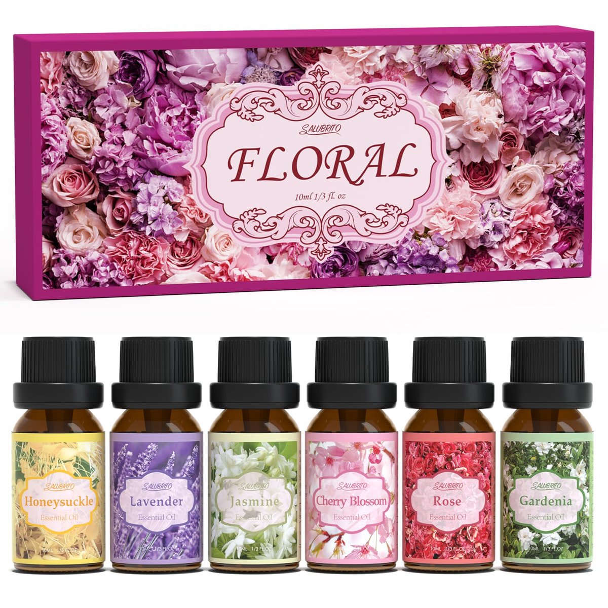 SALUBRITO Blumendüfte Set – 6x10ml Aromatherapie Öle für Diffuser & Kerzenherstellung: Jasmin, Lavendel, Rose, Gardenie, Kirschblüte, Geißblatt
