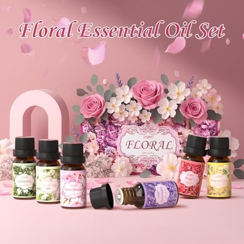 SALUBRITO Blumendüfte Set – 6x10ml Aromatherapie Öle für Diffuser & Kerzenherstellung: Jasmin, Lavendel, Rose, Gardenie, Kirschblüte, Geißblatt