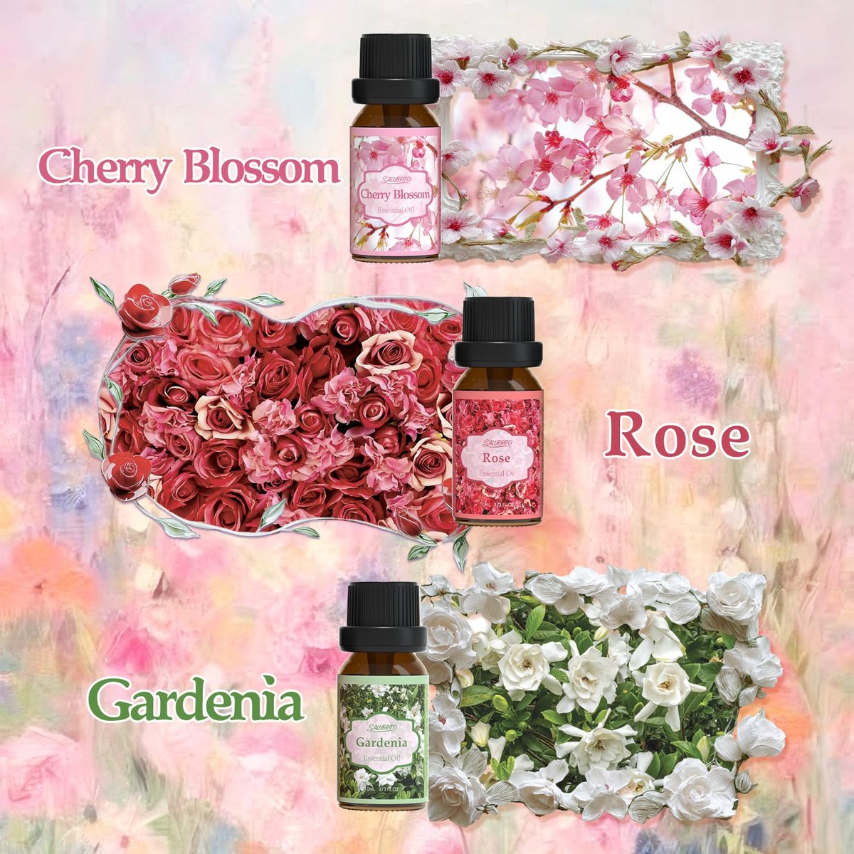 SALUBRITO Blumendüfte Set – 6x10ml Aromatherapie Öle für Diffuser & Kerzenherstellung: Jasmin, Lavendel, Rose, Gardenie, Kirschblüte, Geißblatt