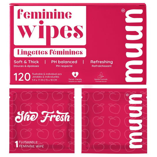 Muun Feminine Wipes Feuchttücher für Damen, 120 einzeln verpackte Tücher, pH-ausgeglichen, gegen Juckreiz & Geruch, sanfte Intimreinigung, pflanzlich