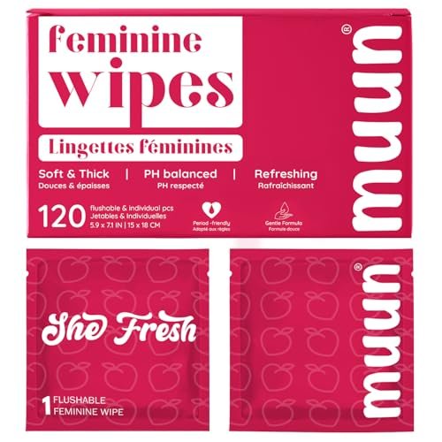 Muun Feminine Wipes Feuchttücher für Damen, 120 einzeln verpackte Tücher, pH-ausgeglichen, gegen Juckreiz & Geruch, sanfte Intimreinigung, pflanzlich