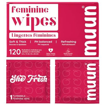 Muun Feminine Wipes Feuchttücher für Damen, 120 einzeln verpackte Tücher, pH-ausgeglichen, gegen Juckreiz & Geruch, sanfte Intimreinigung, pflanzlich
