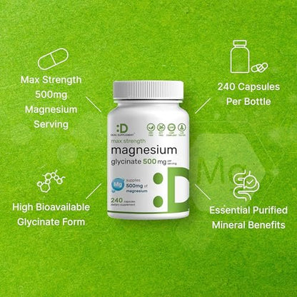 Max Stärke Magnesium Glycinat 500 mg pro Portion, 240 Kapseln | 100% cheliert für leichte Aufnahme | Essenzielles Mineral für Muskeln, Schlaf & Herzgesundheit
