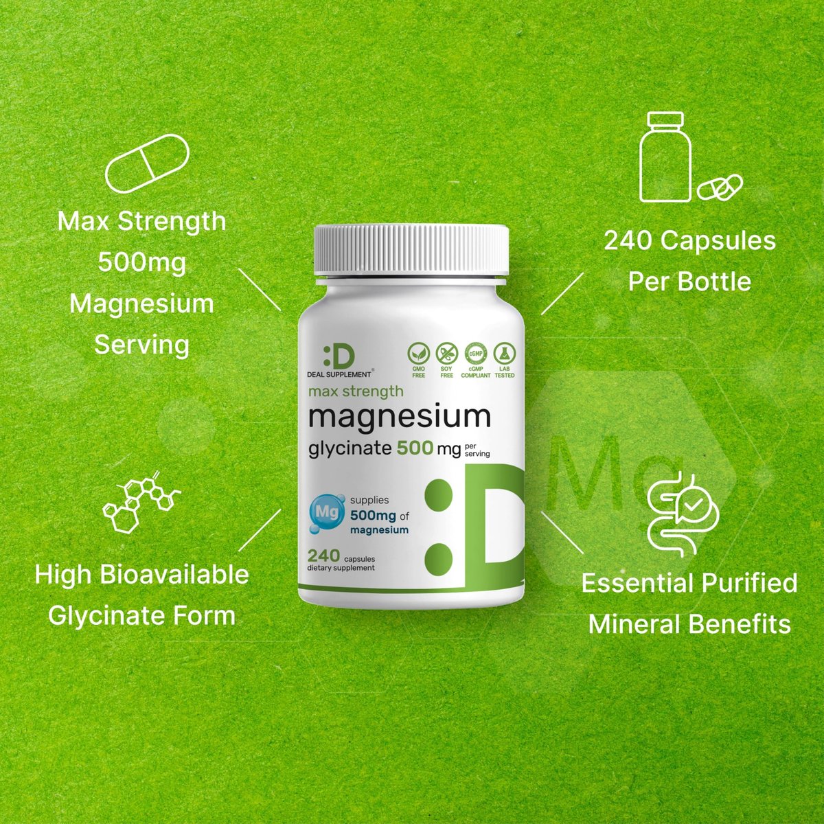 Max Stärke Magnesium Glycinat 500 mg pro Portion, 240 Kapseln | 100% cheliert für leichte Aufnahme | Essenzielles Mineral für Muskeln, Schlaf & Herzgesundheit