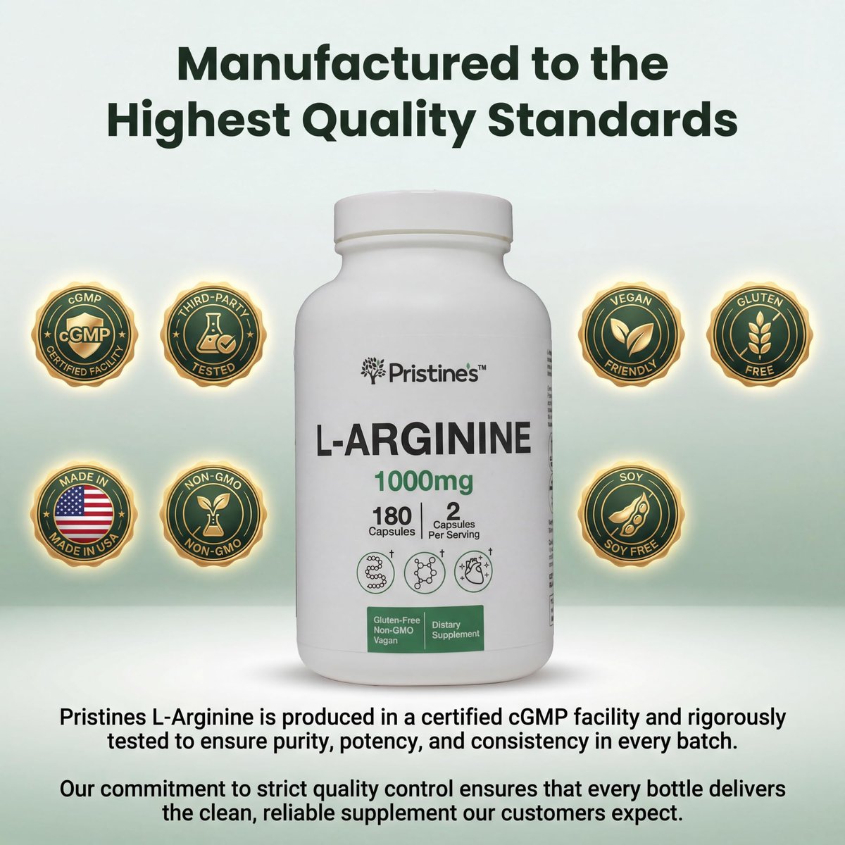 PRISTINE'S L-Arginin 1000mg Kapseln – 90-Tage-Vorrat für Männer & Frauen – Nitric-Oxid-Booster & Pre-Workout – Glasflasche
