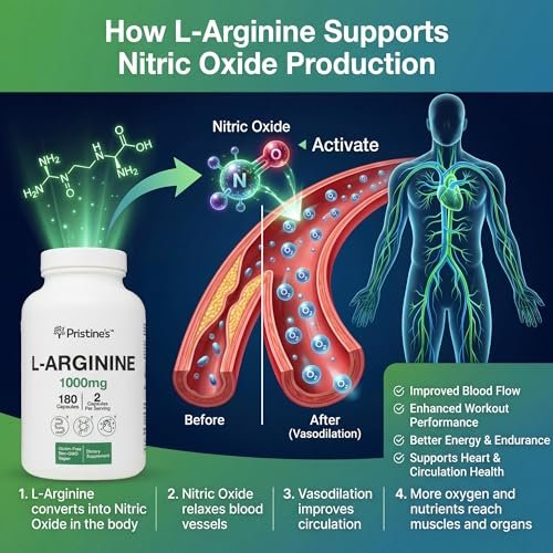 PRISTINE'S L-Arginin 1000mg Kapseln – 90-Tage-Vorrat für Männer & Frauen – Nitric-Oxid-Booster & Pre-Workout – Glasflasche