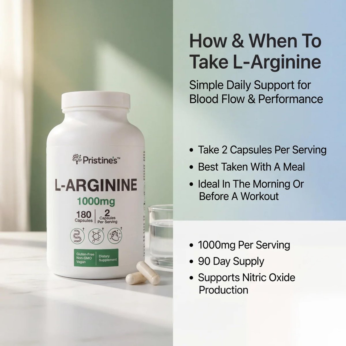 PRISTINE'S L-Arginin 1000mg Kapseln – 90-Tage-Vorrat für Männer & Frauen – Nitric-Oxid-Booster & Pre-Workout – Glasflasche