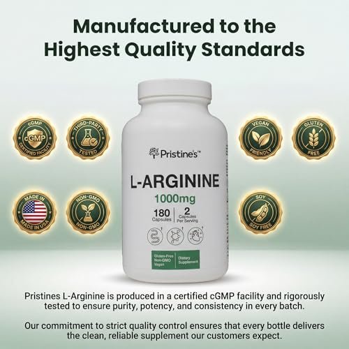 PRISTINE'S L-Arginin 1000mg Kapseln – 90-Tage-Vorrat für Männer & Frauen – Nitric-Oxid-Booster & Pre-Workout – Glasflasche