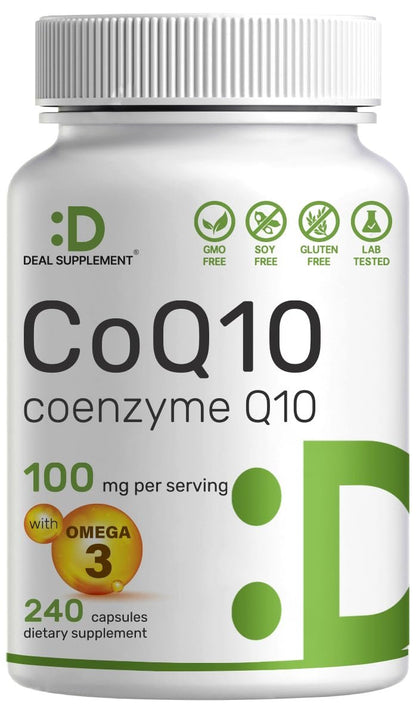 DEAL SUPPLEMENT CoQ10 100mg mit Omega 3 100mg, 240 Kapseln | Bioverfügbare Coenzym Q10 Formel | Non-GMO