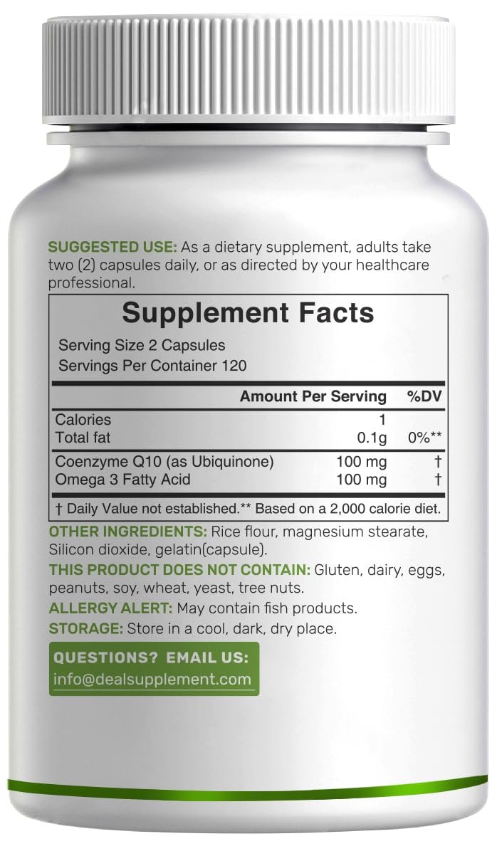 DEAL SUPPLEMENT CoQ10 100mg mit Omega 3 100mg, 240 Kapseln | Bioverfügbare Coenzym Q10 Formel | Non-GMO