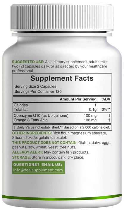DEAL SUPPLEMENT CoQ10 100mg mit Omega 3 100mg, 240 Kapseln | Bioverfügbare Coenzym Q10 Formel | Non-GMO