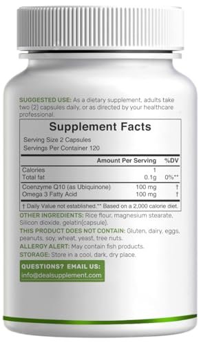 DEAL SUPPLEMENT CoQ10 100mg mit Omega 3 100mg, 240 Kapseln | Bioverfügbare Coenzym Q10 Formel | Non-GMO