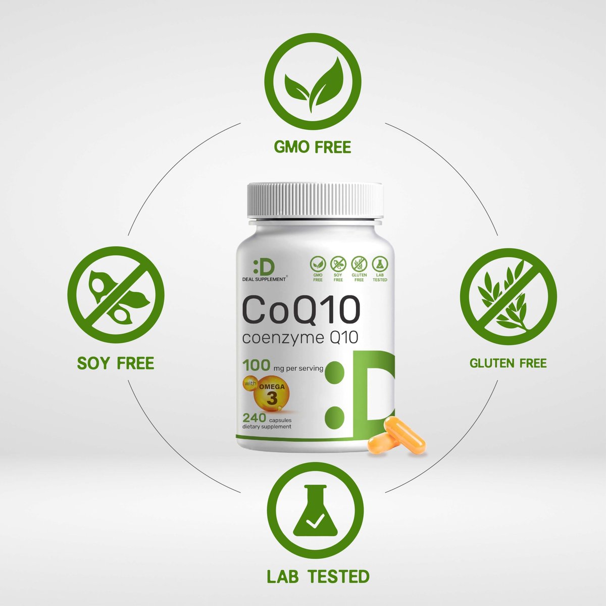 DEAL SUPPLEMENT CoQ10 100mg mit Omega 3 100mg, 240 Kapseln | Bioverfügbare Coenzym Q10 Formel | Non-GMO