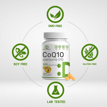 DEAL SUPPLEMENT CoQ10 100mg mit Omega 3 100mg, 240 Kapseln | Bioverfügbare Coenzym Q10 Formel | Non-GMO