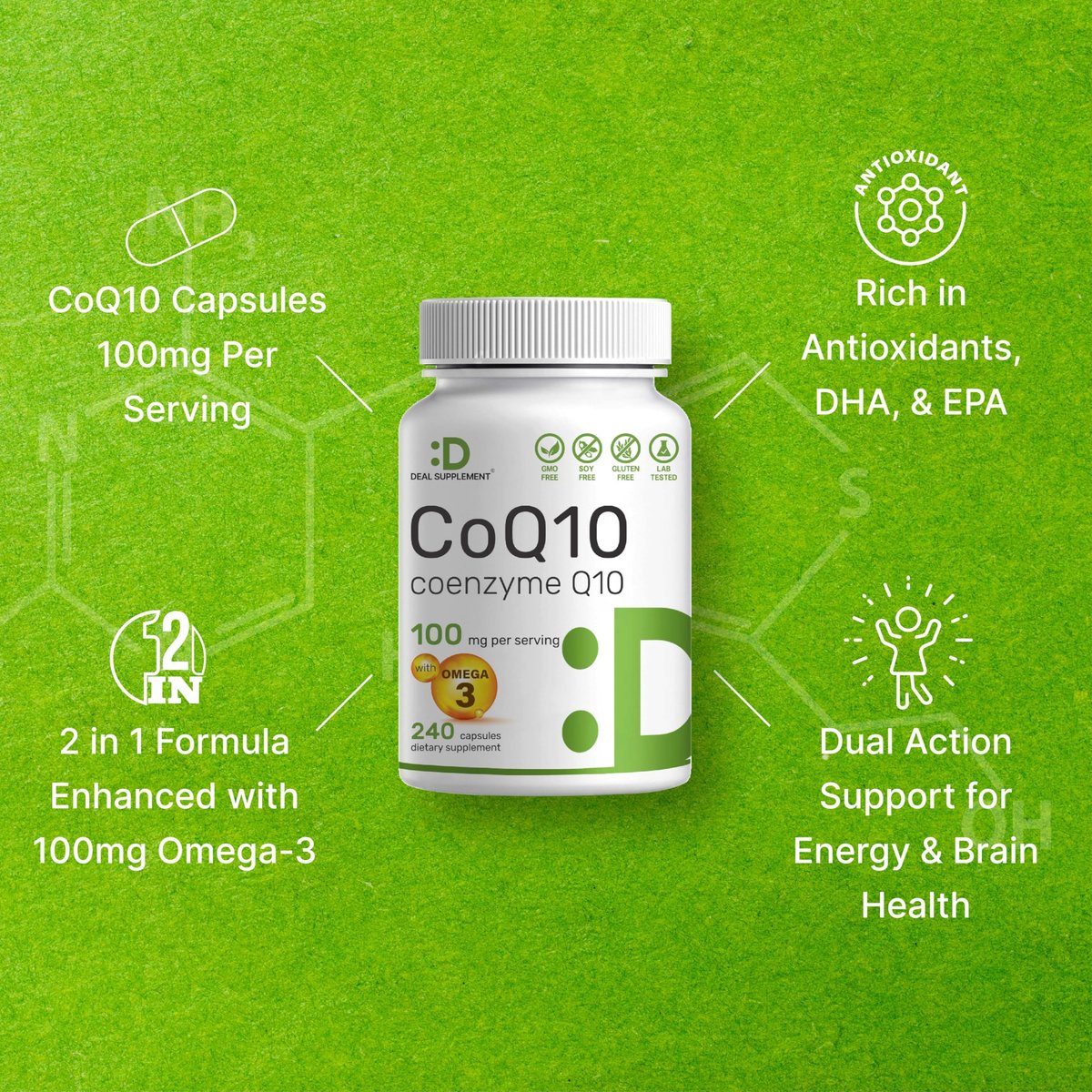 DEAL SUPPLEMENT CoQ10 100mg mit Omega 3 100mg, 240 Kapseln | Bioverfügbare Coenzym Q10 Formel | Non-GMO