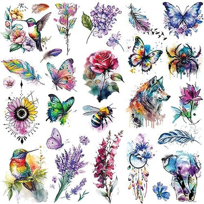 Tazimi 9 Blätter Große 3D Aquarell Temporäre Tattoos für Frauen und Mädchen - Bunte Blumen, Schmetterlinge, Kolibris realistische lang anhaltende Fake Tattoo Aufkleber wasserfest Körperkunst