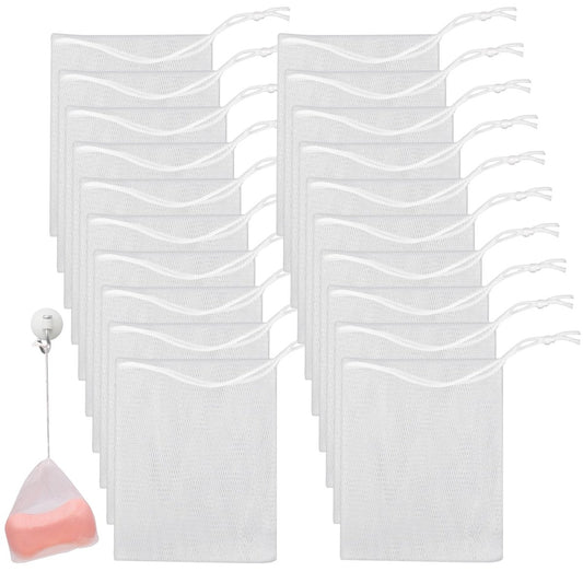 Mozeat Lens 20er-Pack Peeling-Netzbeutel für Seife, Seifensäckchen aus Mesh mit Kordelzug, Schaumnetze für Bad und Dusche