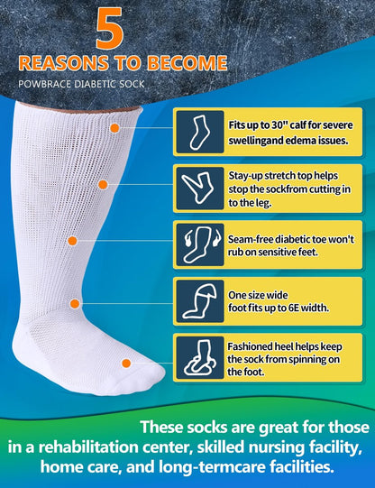 Powbrace 2 Paar Weite Diabetikersocken für Herren Damen Plus Size, Lymphödem, geschwollene Füße, Ödeme, lockere Passform, nicht einschnürend, bariatrisch, Krankenhausgips - Weiß