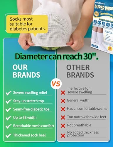 Powbrace 2 Paar Weite Diabetikersocken für Herren Damen Plus Size, Lymphödem, geschwollene Füße, Ödeme, lockere Passform, nicht einschnürend, bariatrisch, Krankenhausgips - Weiß