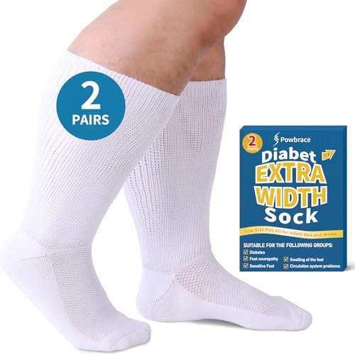 Powbrace 2 Paar Weite Diabetikersocken für Herren Damen Plus Size, Lymphödem, geschwollene Füße, Ödeme, lockere Passform, nicht einschnürend, bariatrisch, Krankenhausgips - Weiß
