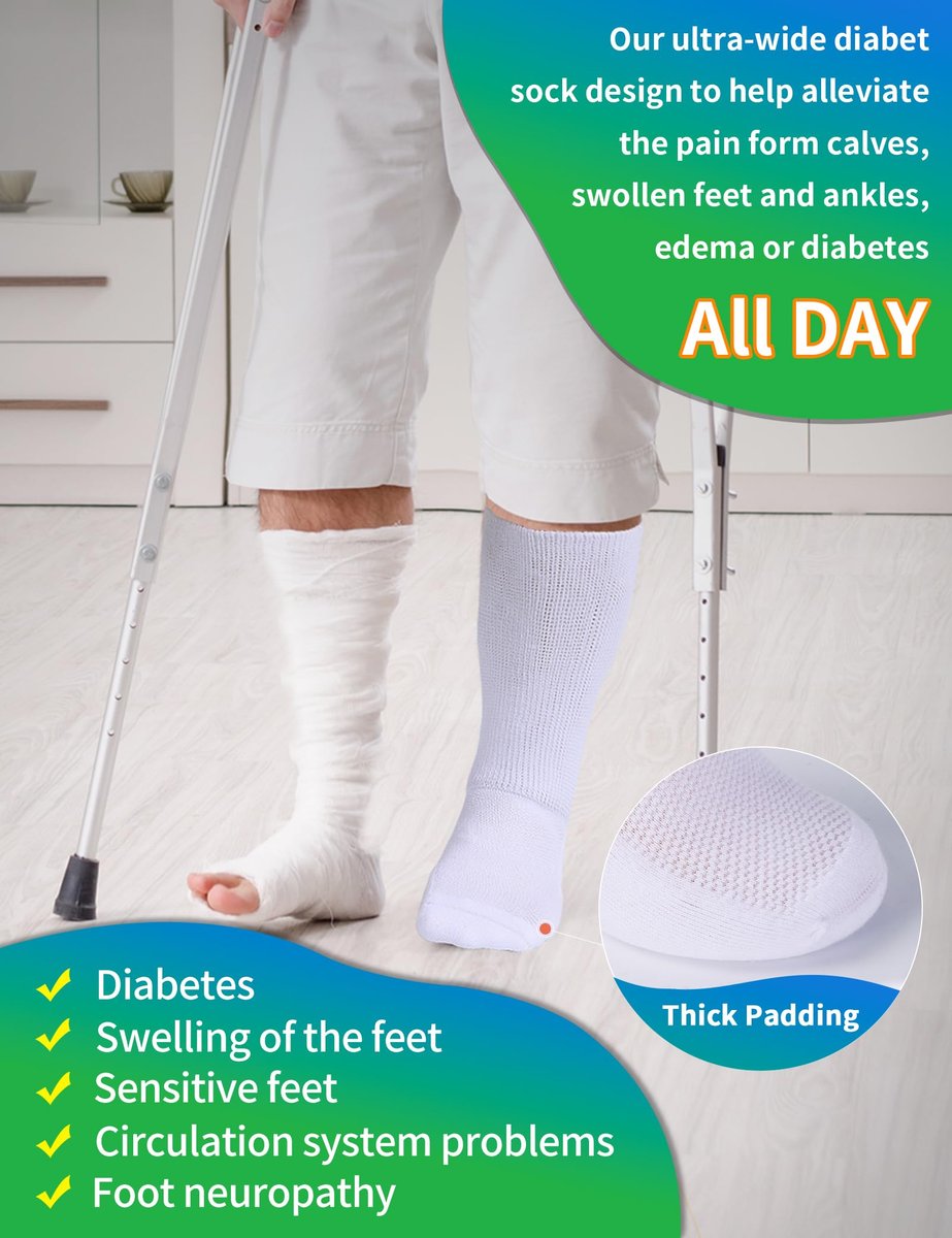 Powbrace 2 Paar Weite Diabetikersocken für Herren Damen Plus Size, Lymphödem, geschwollene Füße, Ödeme, lockere Passform, nicht einschnürend, bariatrisch, Krankenhausgips - Weiß