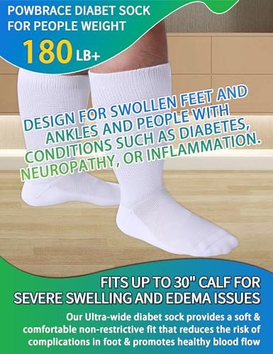 Powbrace 2 Paar Weite Diabetikersocken für Herren Damen Plus Size, Lymphödem, geschwollene Füße, Ödeme, lockere Passform, nicht einschnürend, bariatrisch, Krankenhausgips - Weiß