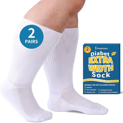 Powbrace 2 Paar Weite Diabetikersocken für Herren Damen Plus Size, Lymphödem, geschwollene Füße, Ödeme, lockere Passform, nicht einschnürend, bariatrisch, Krankenhausgips - Weiß