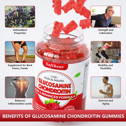 softbear Glucosamin Chondroitin Gummis, Zuckerfrei mit MSM, Holunderbeere & Kurkuma – 60 Stück, Himbeergeschmack