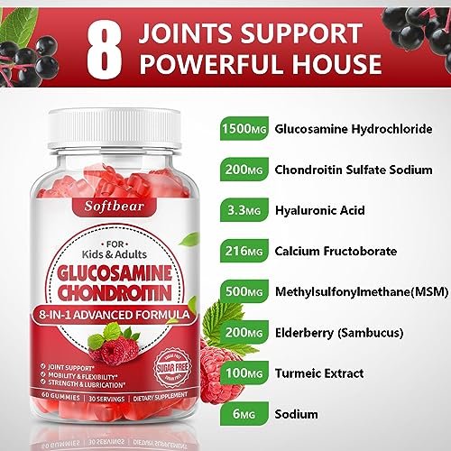 softbear Glucosamin Chondroitin Gummis, Zuckerfrei mit MSM, Holunderbeere & Kurkuma – 60 Stück, Himbeergeschmack
