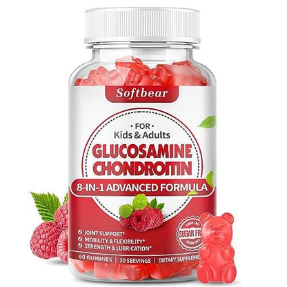softbear Glucosamin Chondroitin Gummis, Zuckerfrei mit MSM, Holunderbeere & Kurkuma – 60 Stück, Himbeergeschmack