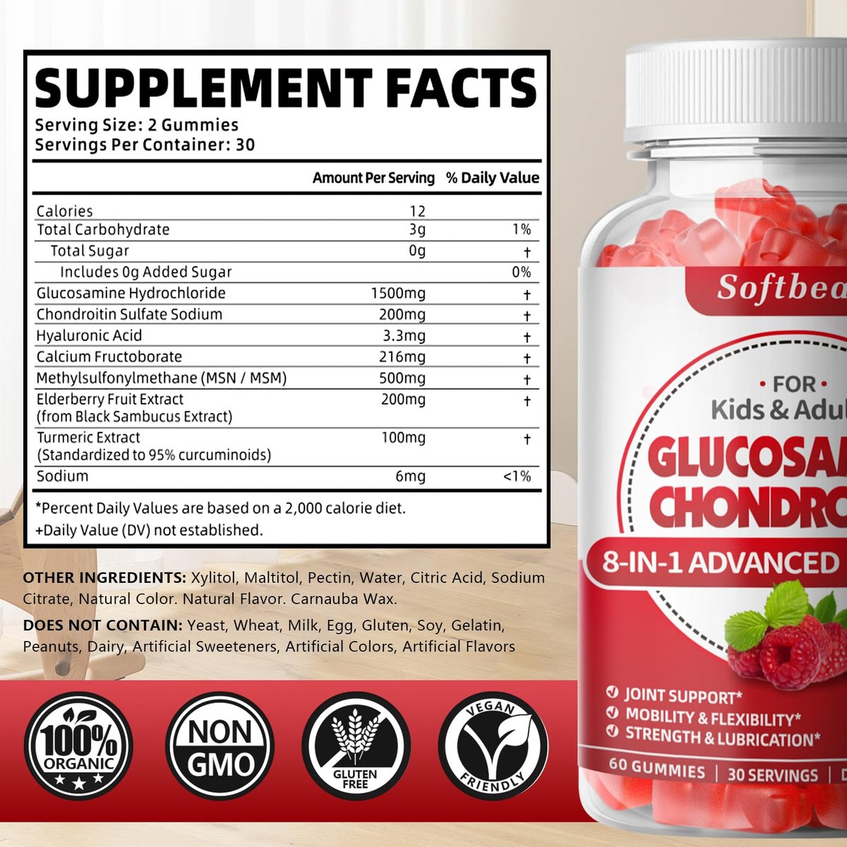 softbear Glucosamin Chondroitin Gummis, Zuckerfrei mit MSM, Holunderbeere & Kurkuma – 60 Stück, Himbeergeschmack