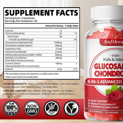 softbear Glucosamin Chondroitin Gummis, Zuckerfrei mit MSM, Holunderbeere & Kurkuma – 60 Stück, Himbeergeschmack
