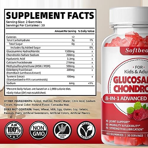softbear Glucosamin Chondroitin Gummis, Zuckerfrei mit MSM, Holunderbeere & Kurkuma – 60 Stück, Himbeergeschmack