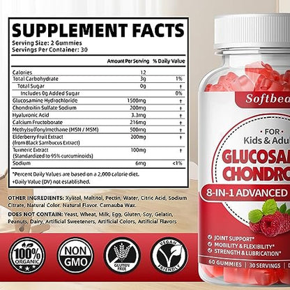 softbear Glucosamin Chondroitin Gummis, Zuckerfrei mit MSM, Holunderbeere & Kurkuma – 60 Stück, Himbeergeschmack