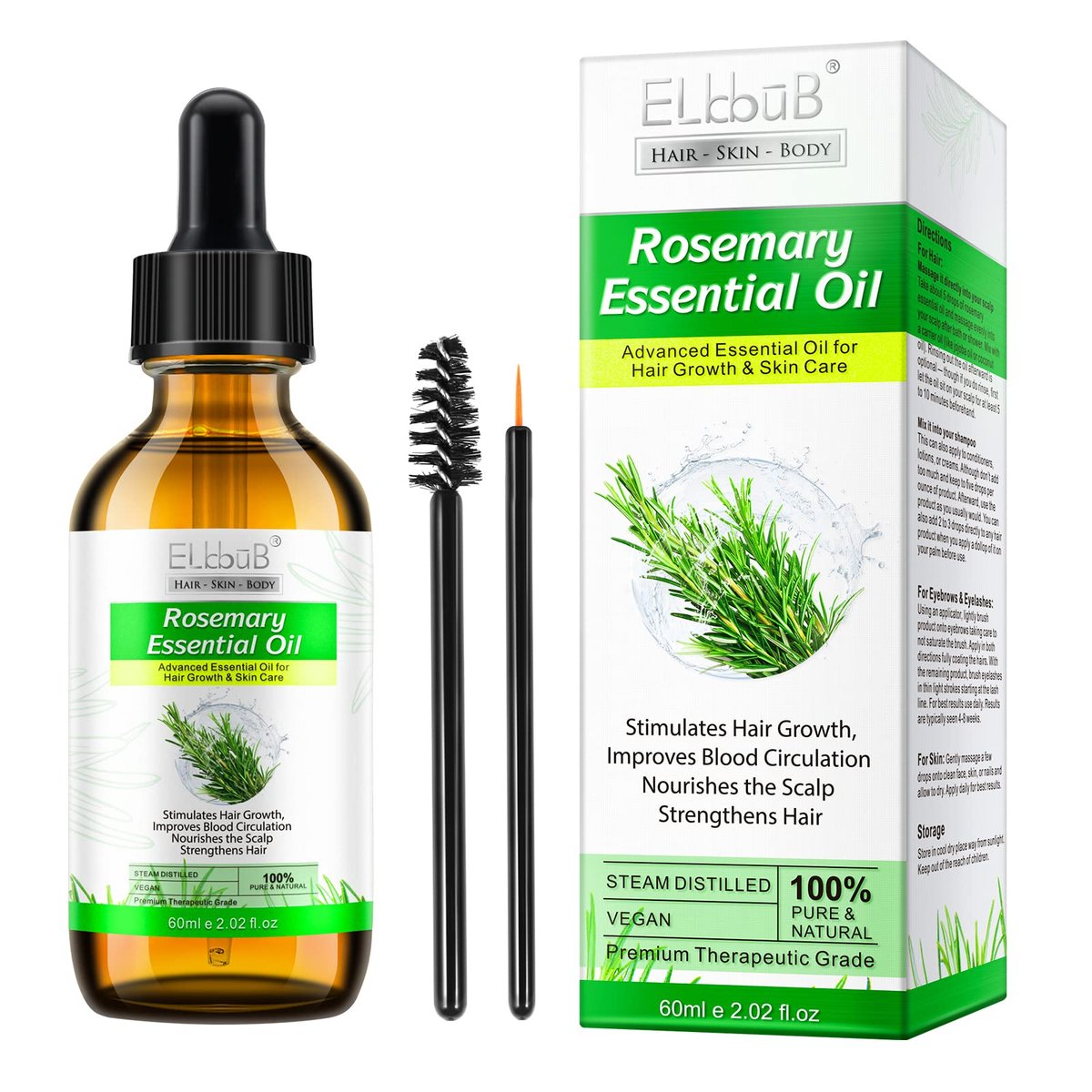 ELBBUB 100% Reines Rosmarinöl für Hautpflege und Haarwachstum - 60 ml, nährt die Kopfhaut, vielseitig für Augenbrauen und Wimpern
