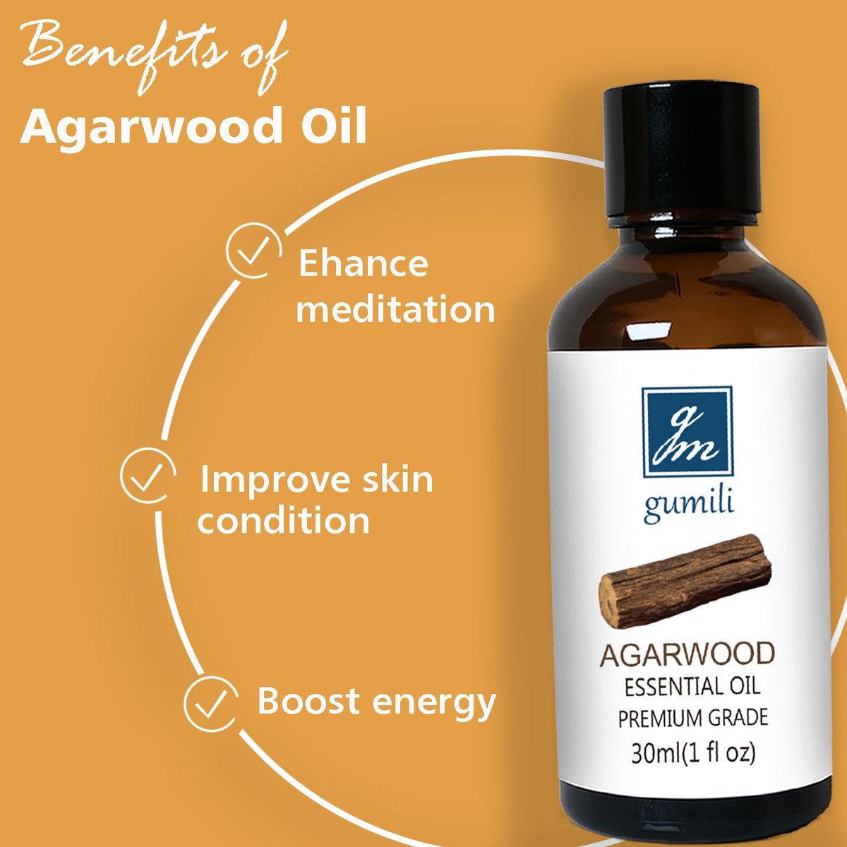 GM Gumili Agarwood Ätherisches Öl, Reines Oud Öl für Aromatherapie und Meditation - 30ml / 1 oz