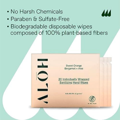ALŌH Skin - Sanitizing Hand Wipes mit Sweet Orange Bergamot – 1 Box mit 20 einzeln verpackten Tüchern