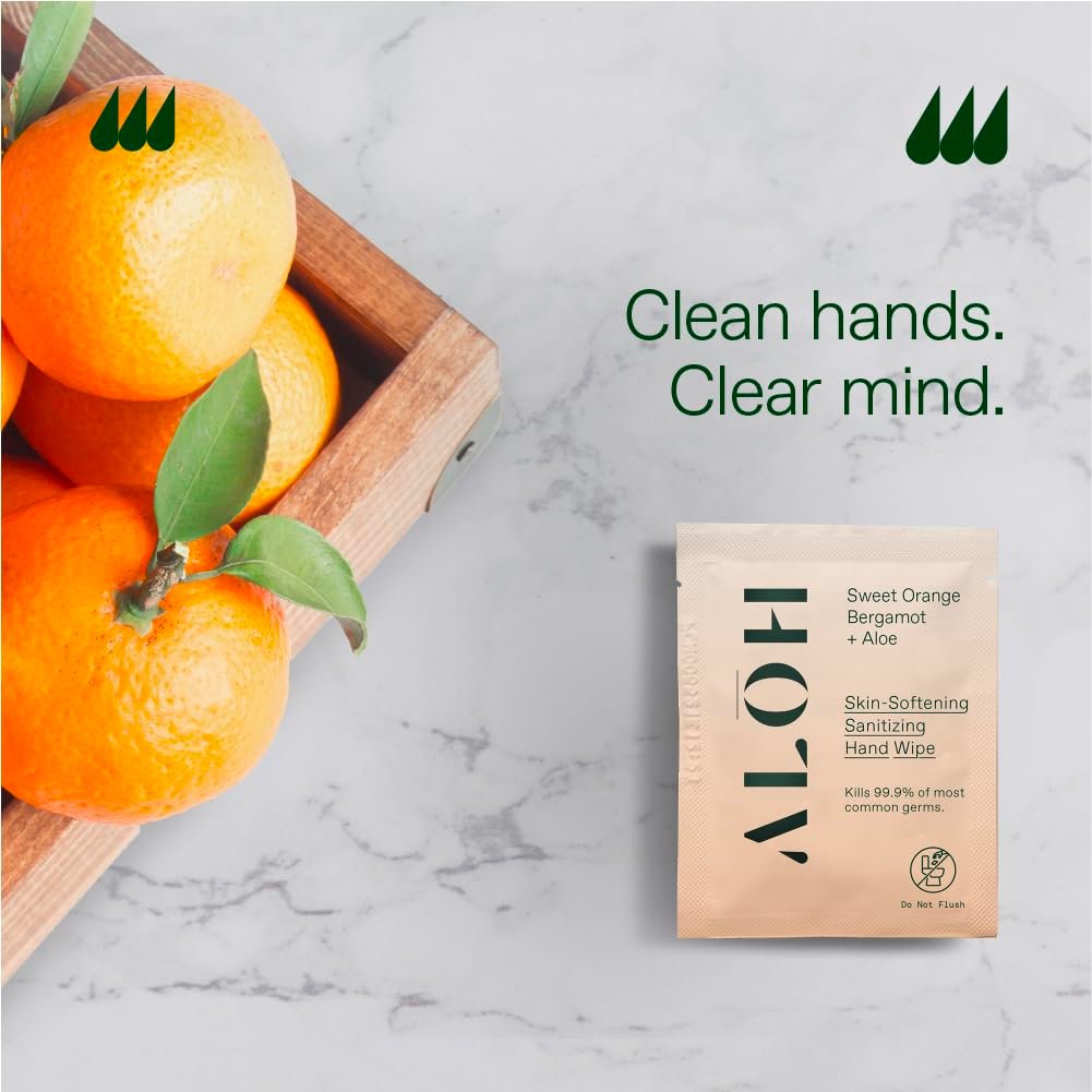 ALŌH Skin - Sanitizing Hand Wipes mit Sweet Orange Bergamot – 1 Box mit 20 einzeln verpackten Tüchern