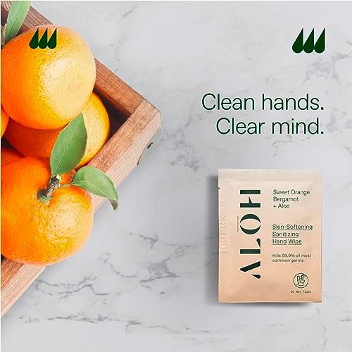 ALŌH Skin - Sanitizing Hand Wipes mit Sweet Orange Bergamot – 1 Box mit 20 einzeln verpackten Tüchern