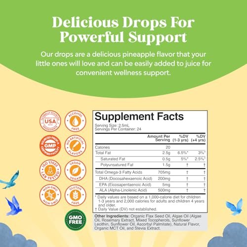 Natures Craft Kids DHA Omega 3 6 9 Tropfen – Flüssiges Omega-3 für Kinder mit EPA & ALA zur Unterstützung von Gehirn, Immunsystem und Sehkraft – 2 Fl Oz